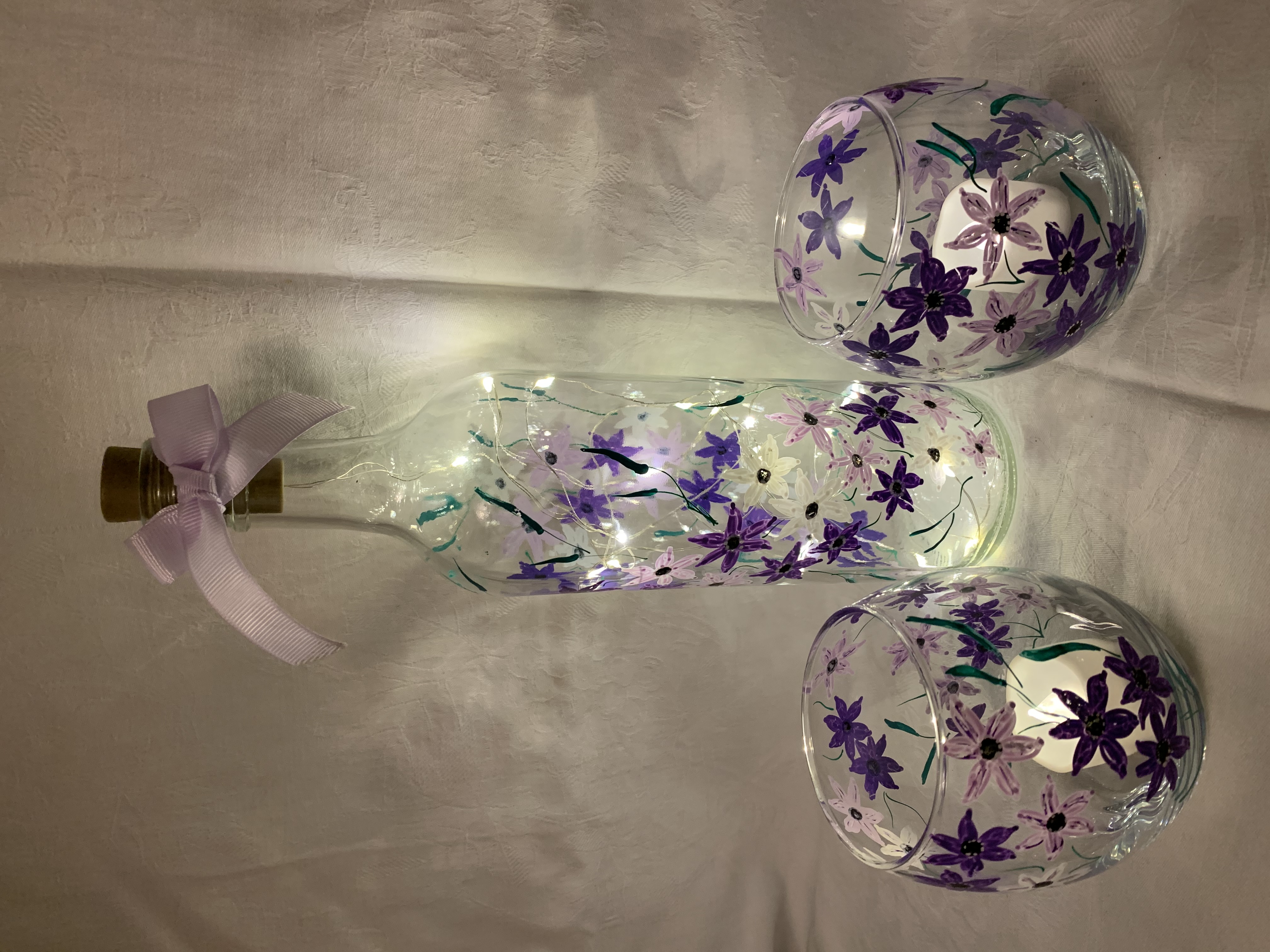 Hand Painted Purple Flowers Bottle and Tea Lights