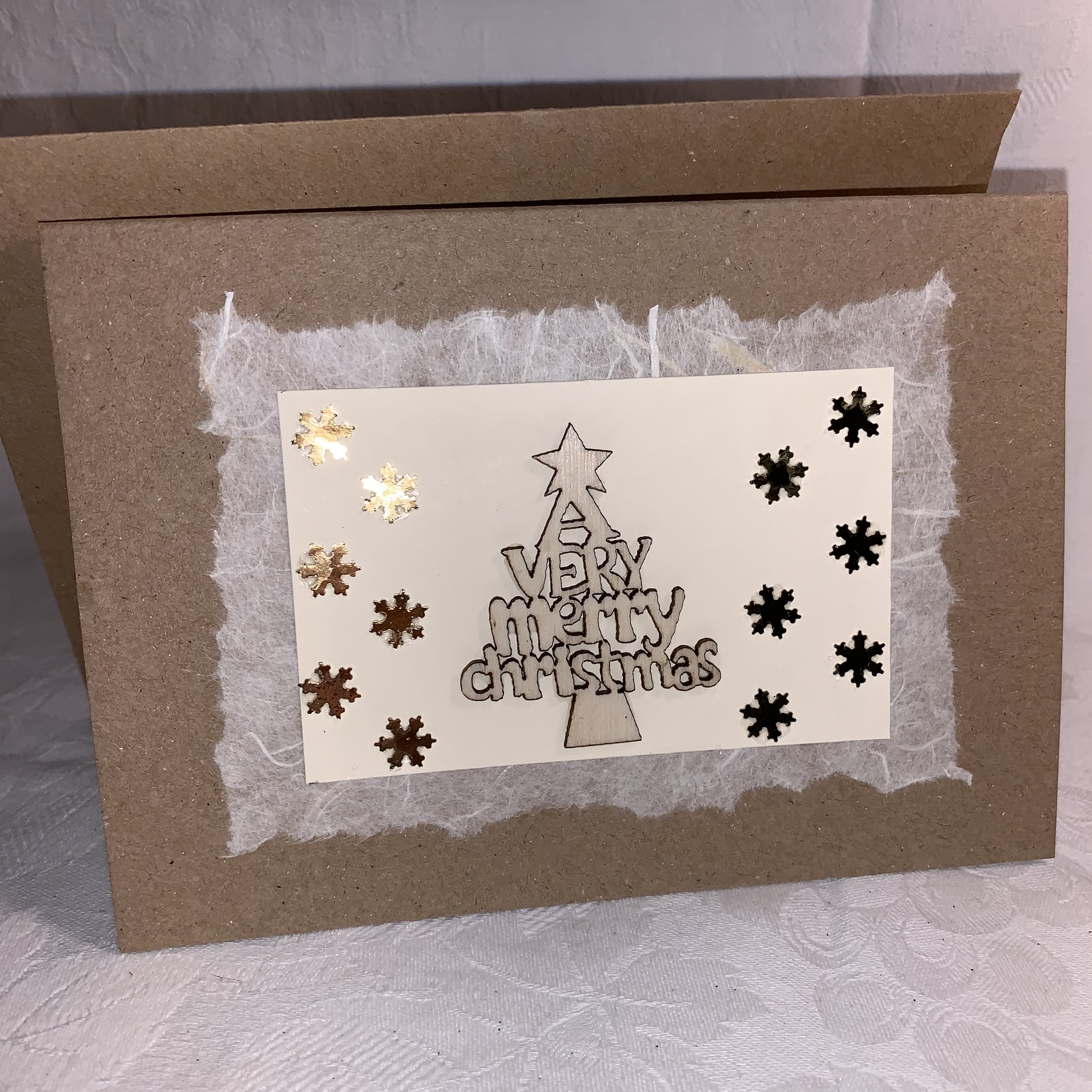 Christmas Card Wooden Tree Gold Snowflakes