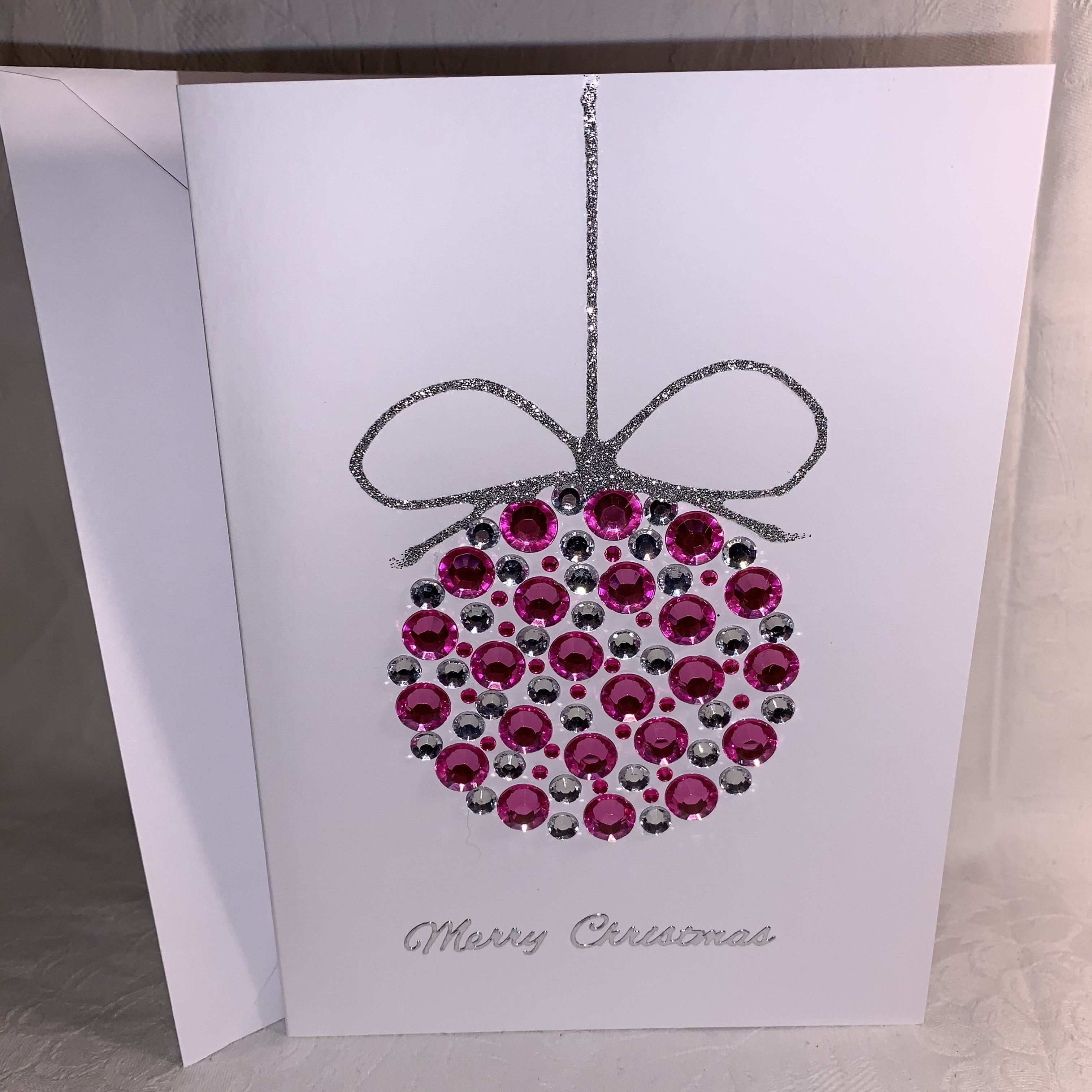Christmas Card Pink Jewelled Bauble